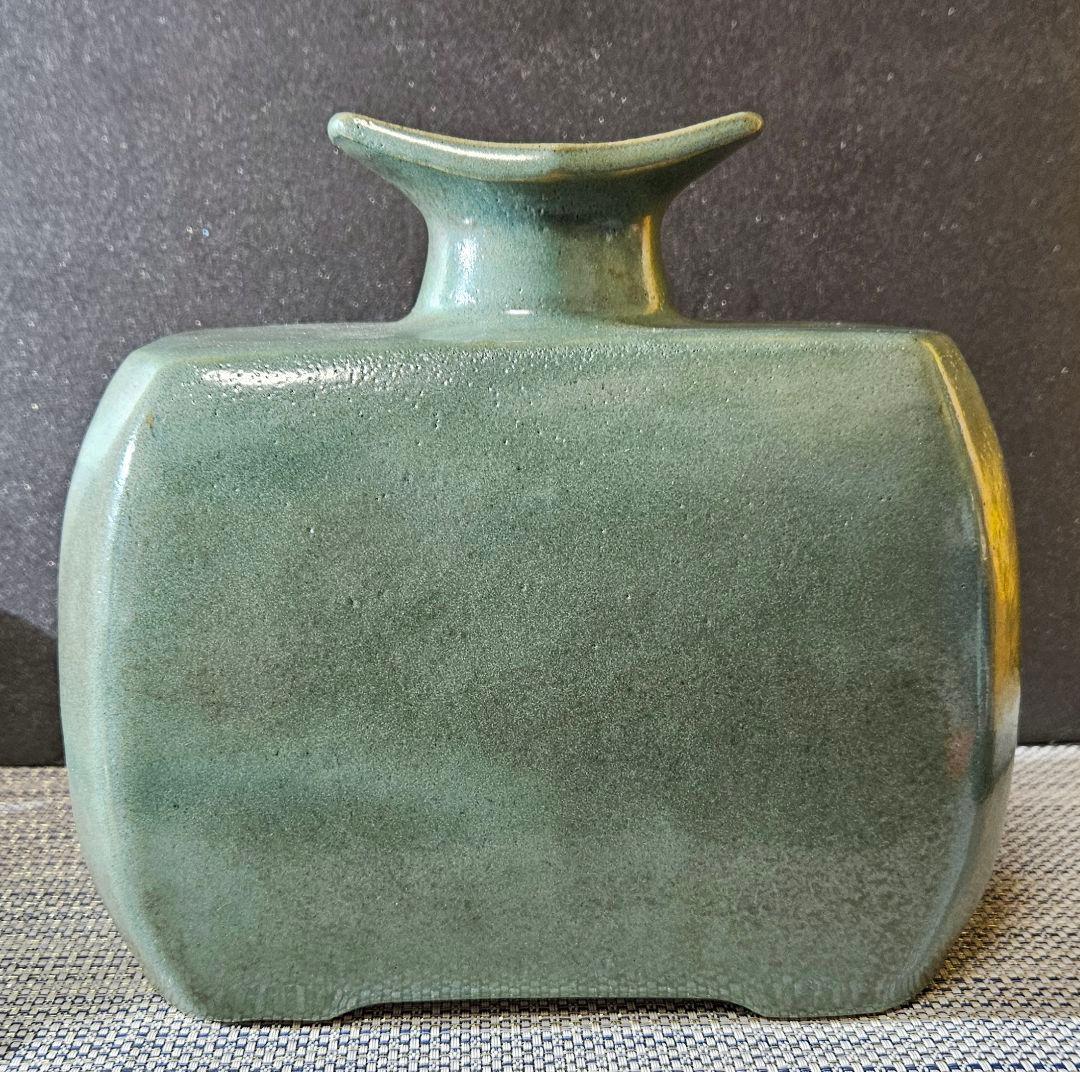益子民藝　益子焼　名工　明石庄作 造　緑釉 扁壺　大作　師】人間国宝　濱田庄司