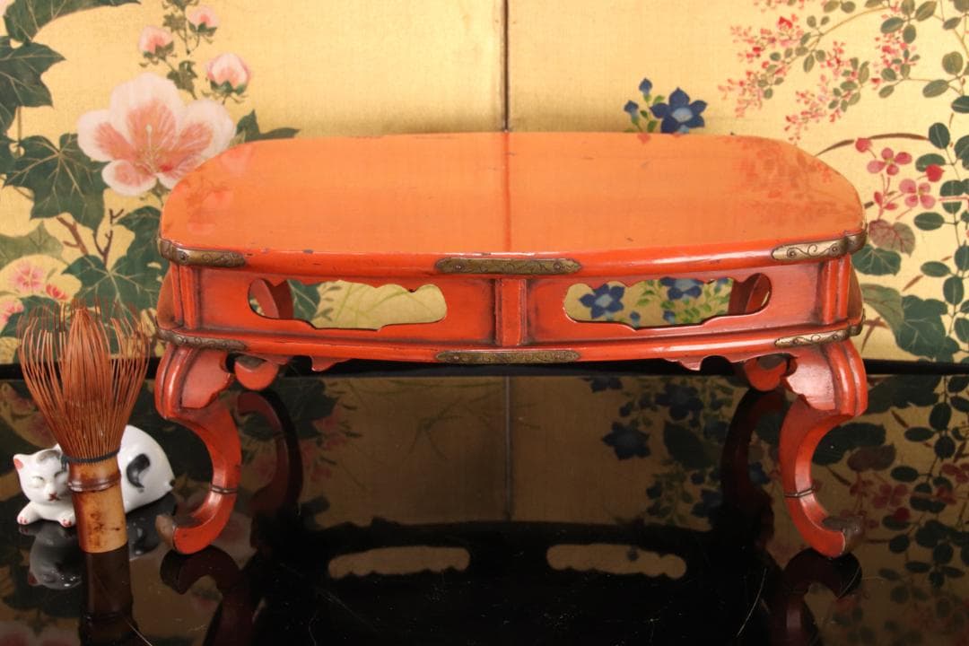 仏教美術 時代物　朱塗　真鍮金具飾付　春日卓　巾34.2㎝　BE787