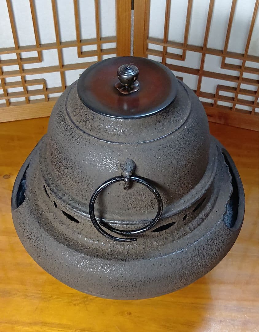 【未使用品！】 茶道具/朝鮮風炉釜 茶器 鉄瓶 鉄釜 唐銅蓋 釜環 茶釜 美品！