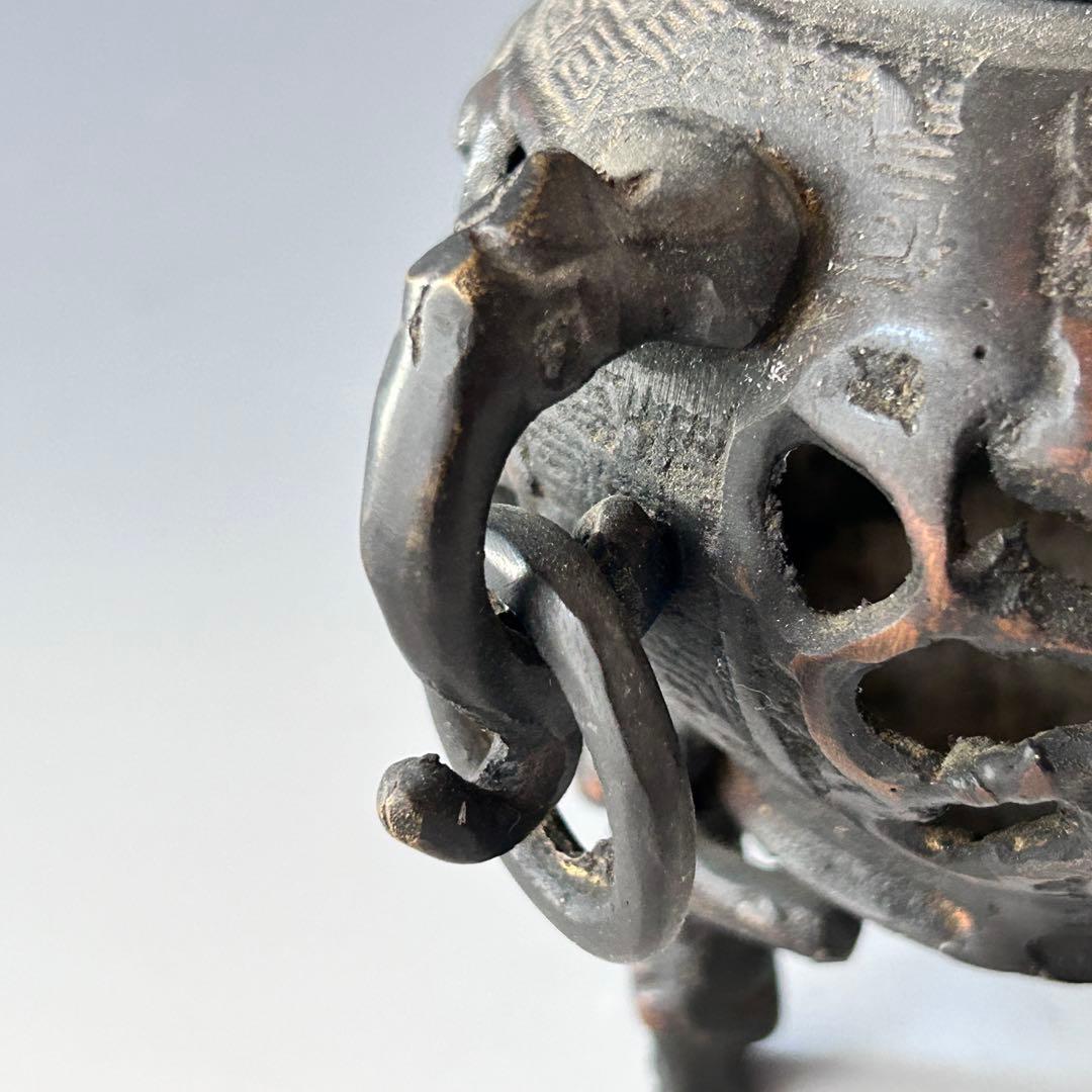 時代　唐銅　透かし　香炉　獅子摘み　遊環　骨董　アンティーク　古玩　工芸