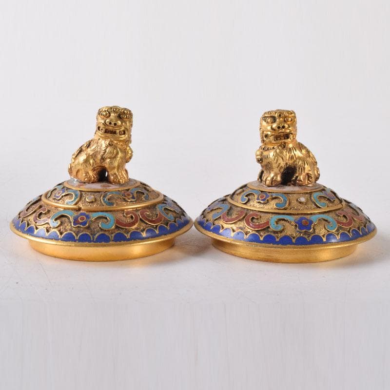 中国　古七宝琺瑯彩　獅子摘　花草文瓶　蓋壷　唐木台付　一對　V　7451