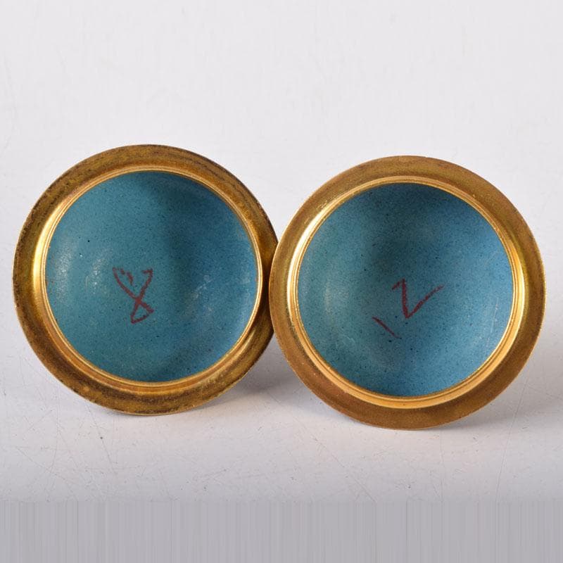 中国　古七宝琺瑯彩　獅子摘　花草文瓶　蓋壷　唐木台付　一對　V　7451