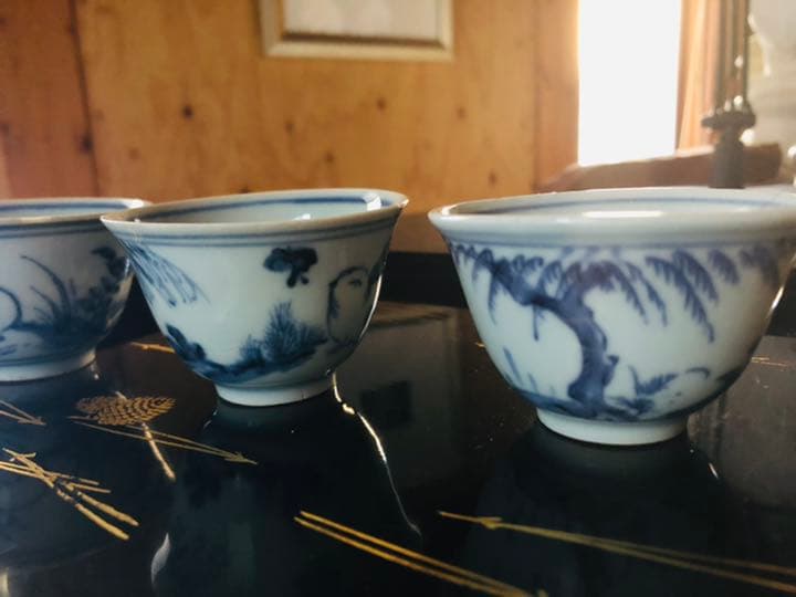 骨董品　染付　⬜︎福　うさぎ　兎図　柳図　三客　茶器　ぐい呑　時代物