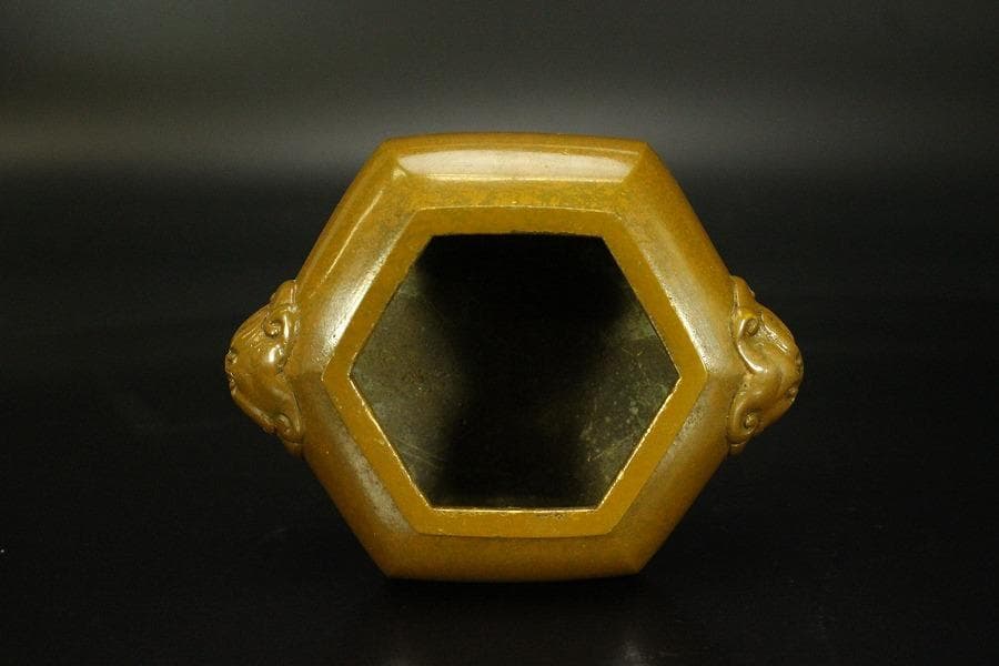 香炉 獅子双耳 三足香炉 金属製 木箱付(メ1186)