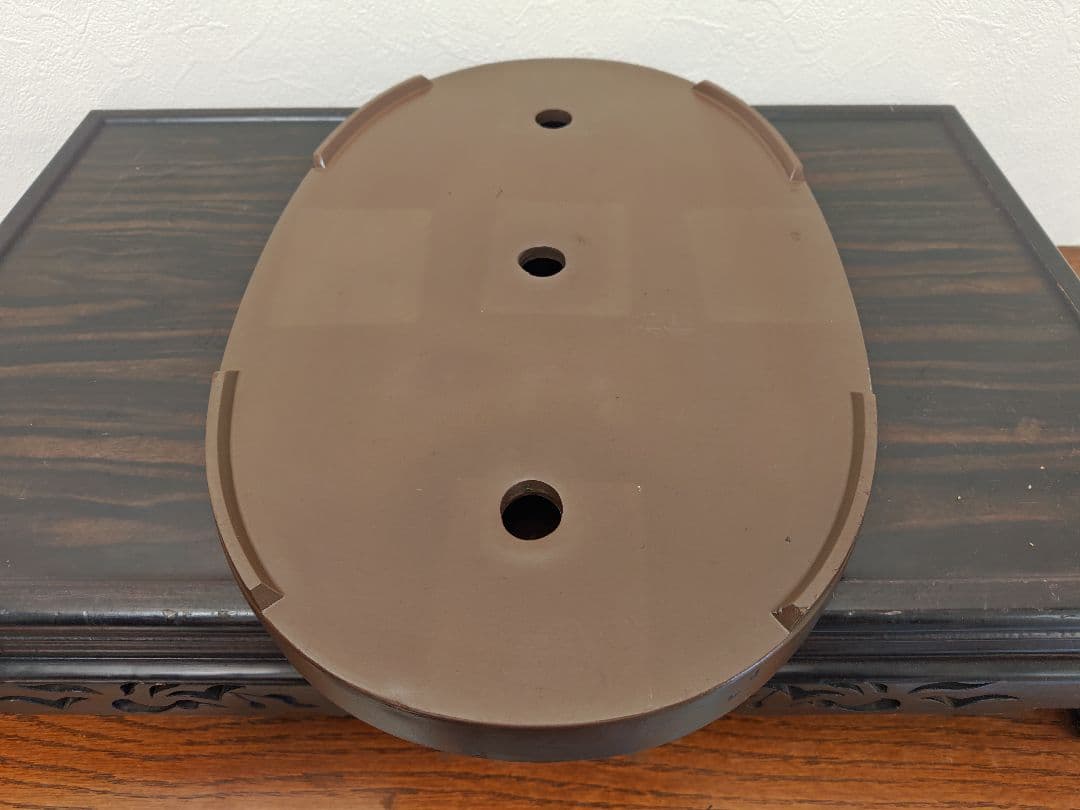 陶器製楕円形盆栽鉢 ブラウン 約45cm ×29cm×3.5cm薄型　落款　積徳
