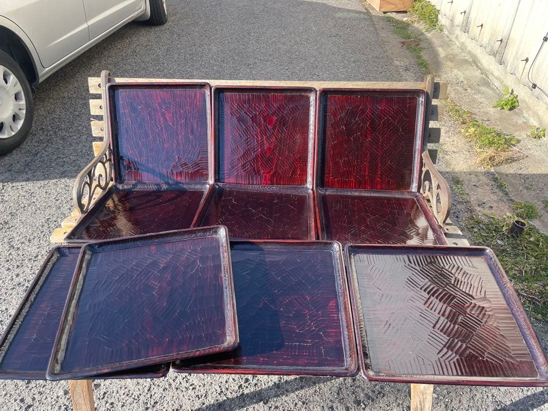 讃岐盆　木製彫刻模様入り　正方形　お盆　トレー　11客