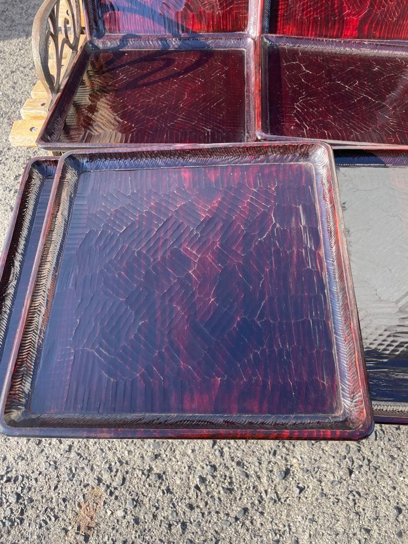 讃岐盆　木製彫刻模様入り　正方形　お盆　トレー　11客