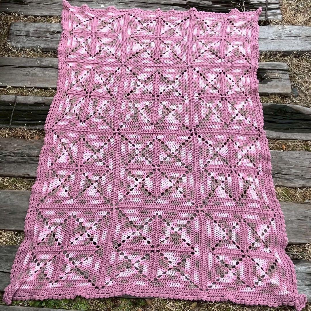 【USA vintage】グラニーブランケット ピンク　グレー　モチーフ