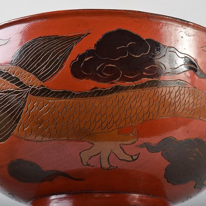 古民具　根来塗　雲龍文彫　椀　時代箱付　V　R8441