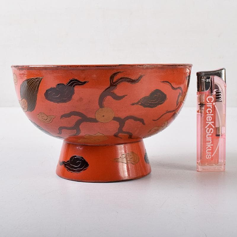 古民具　根来塗　雲龍文彫　椀　時代箱付　V　R8441