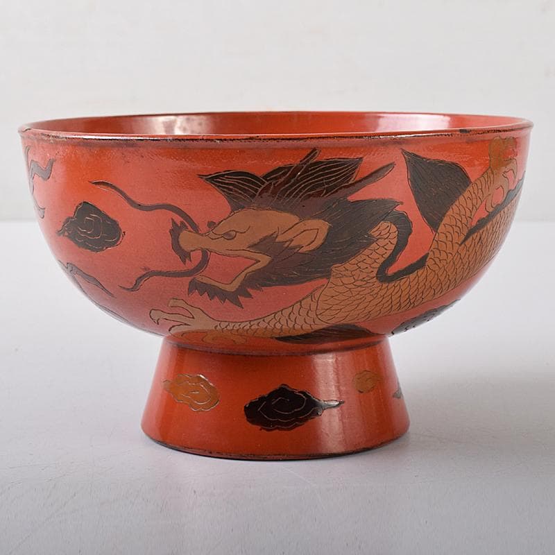 古民具　根来塗　雲龍文彫　椀　時代箱付　V　R8441