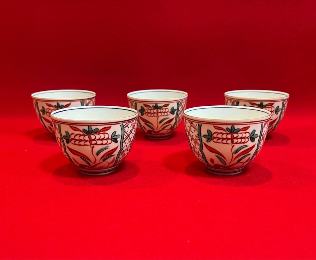 京焼 清水焼 薄胎 赤絵貼金 汲出碗揃五客 陵泉造　茶道具