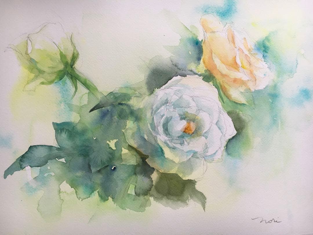 透明水彩画原画白薔薇ホワイトクリスマス⑦