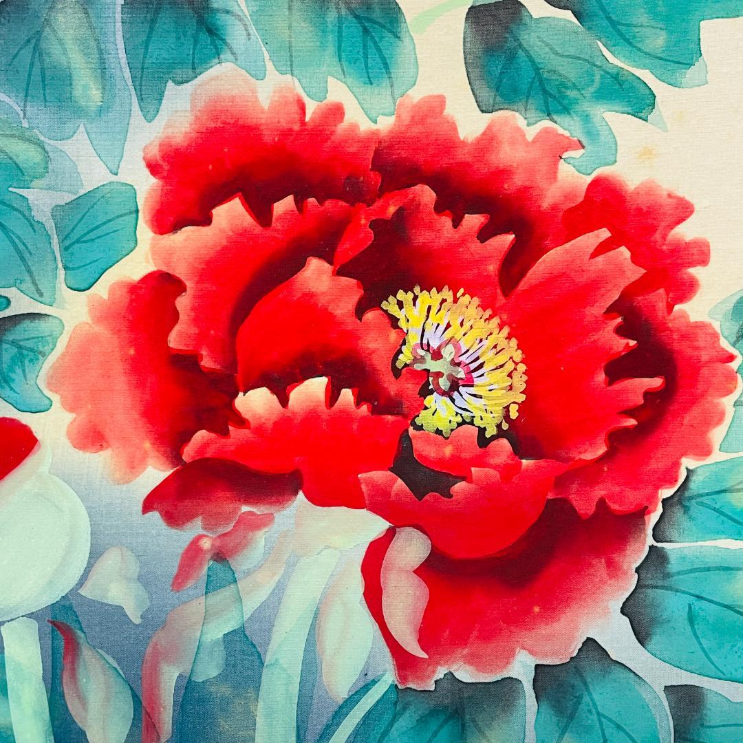 真作保証 三代 桃園『牡丹』日本画 肉筆 共シール有 額装 花鳥画