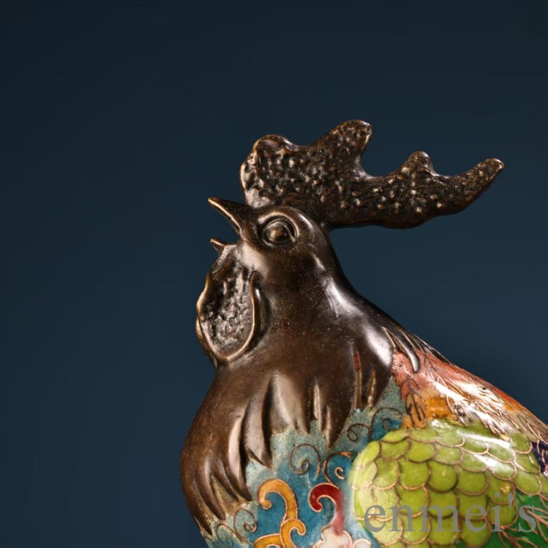 中国古美術 旧蔵 七宝焼き 琺瑯 景泰藍 公鶏一対 純銅 高浮彫鏨刻 細工 置物
