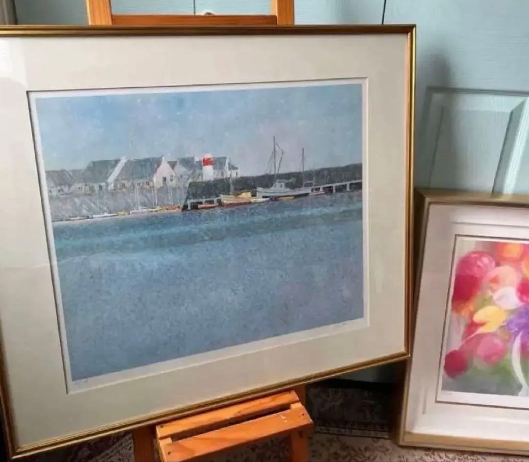 大判　リトグラフ　アンドレ・ブーリエ「港に吹く風」額装　版画　サイン.ED有り