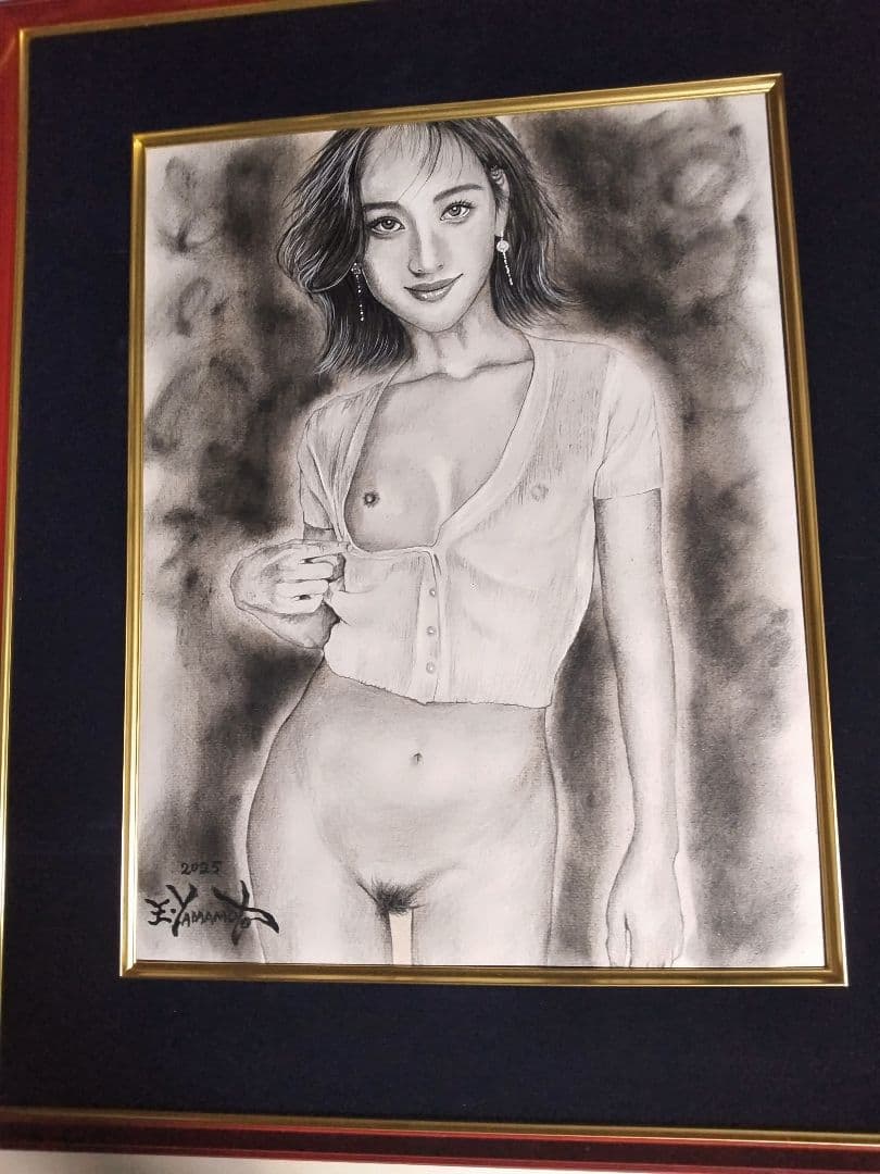 裸婦、美人画6Fしなり、山本英二、肉筆、真作、１点物、額縁、高塚省吾、森本草介。