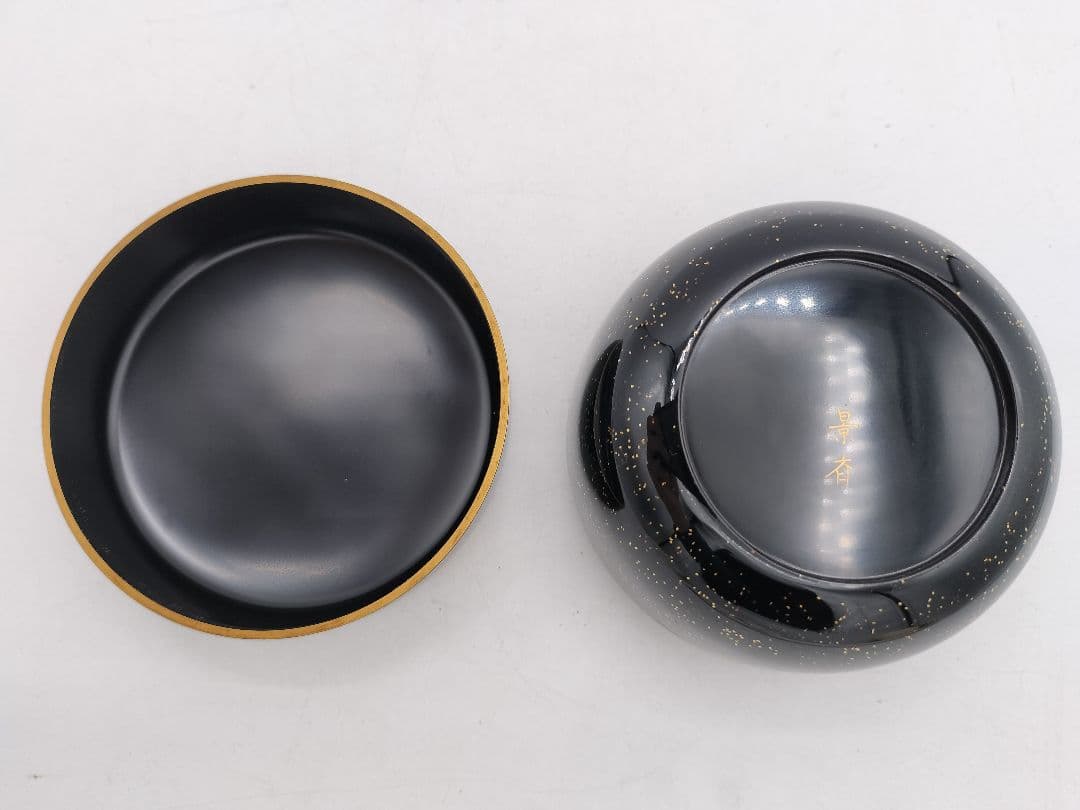 c650 平棗 貝合せ蒔絵 源氏29帖目『行幸』輪島 野井景斉 木箱 茶道 古物