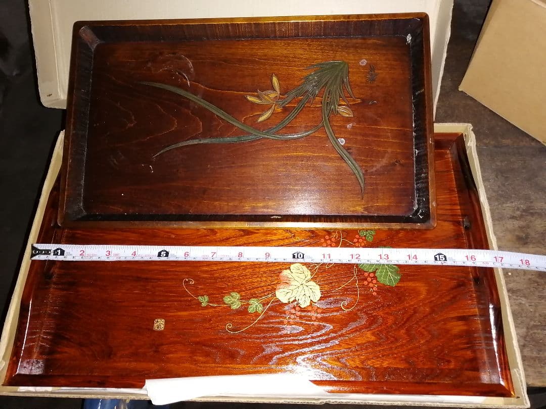 木製 盆 2枚セット 花柄 ぶどう柄 漆器 おぼん トレイ大-W51 小W45