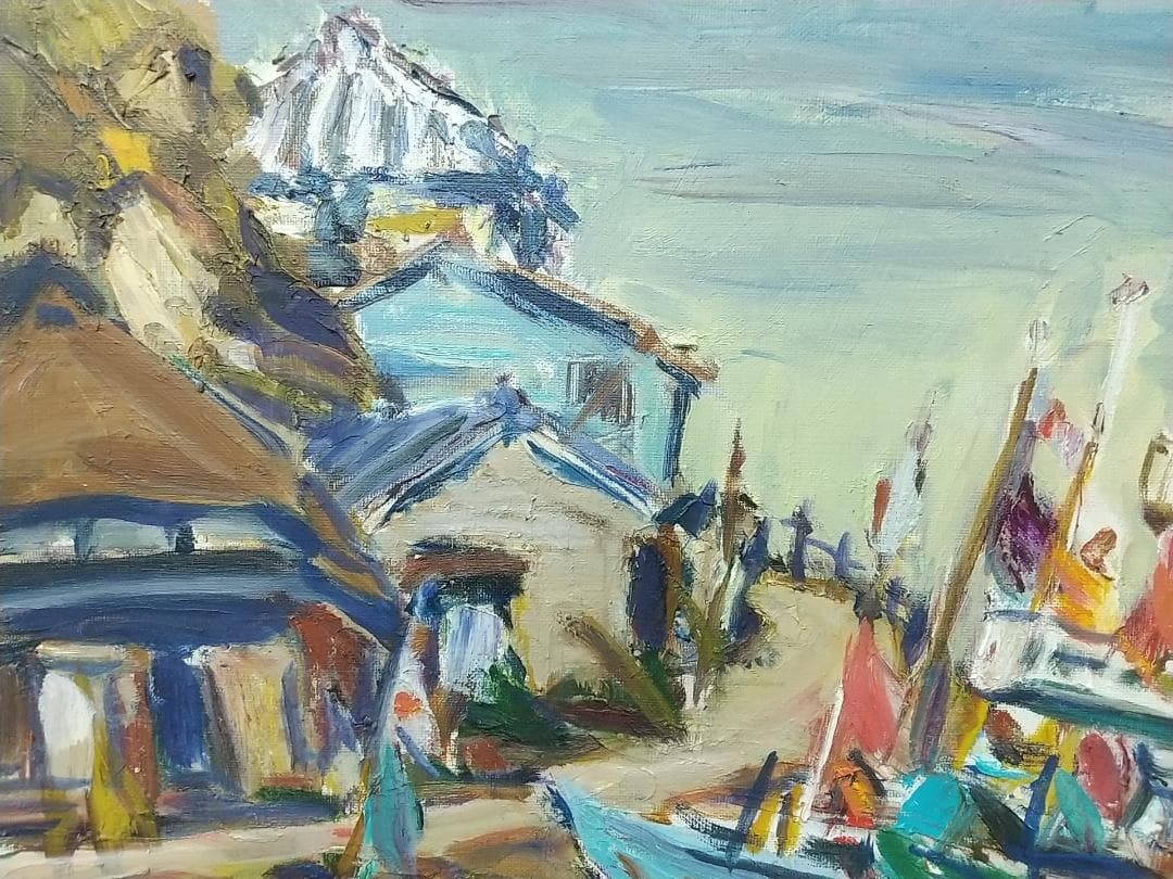 「正月の漁村」川津浜 F8 油絵 絵画 油彩画 日本 日の丸 国旗