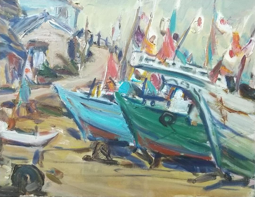 「正月の漁村」川津浜 F8 油絵 絵画 油彩画 日本 日の丸 国旗