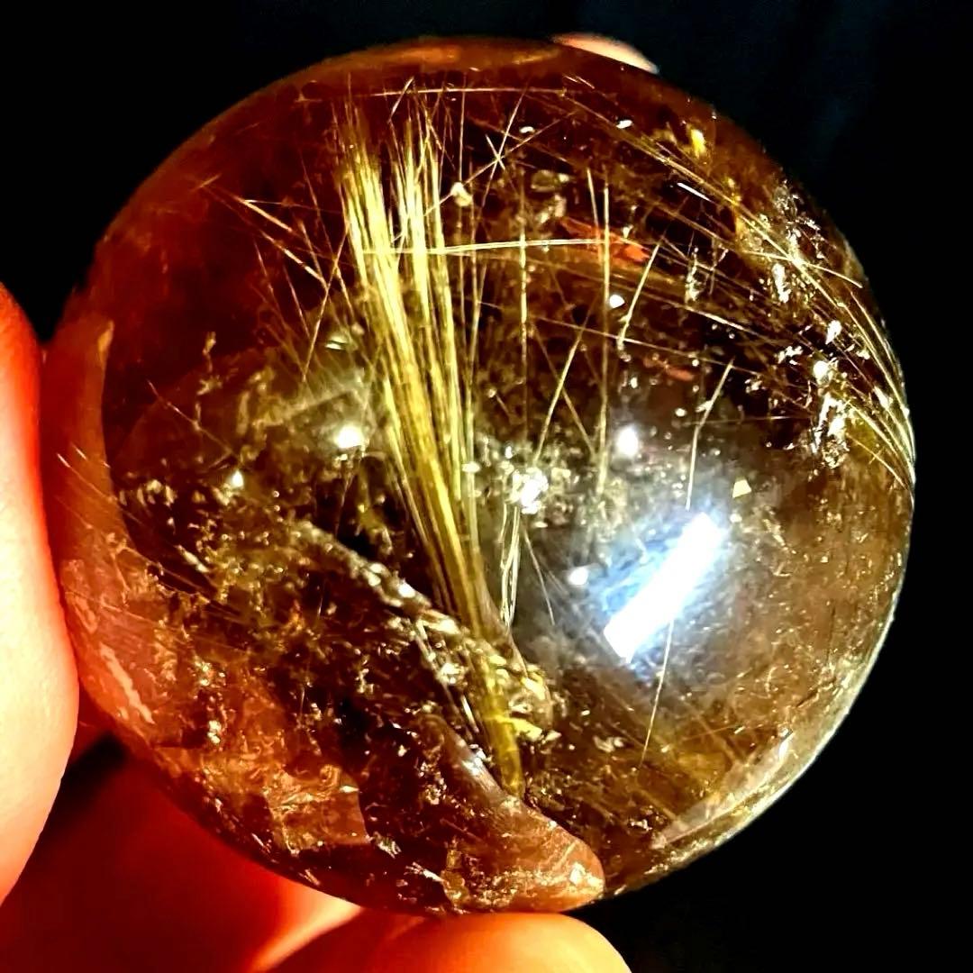 42mm 虹入りゴールドルチルクォーツ　丸玉　スフィア　金針水晶