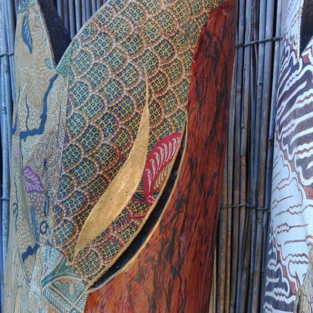 木彫面　壁掛けオブジェ　狐人面　木製　布装飾　民芸品