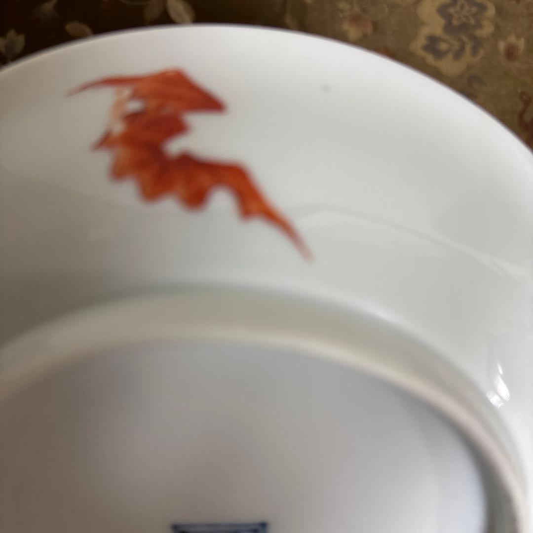 12代柿右衛門作花と鳥の図 五寸皿　渦福　染め錦