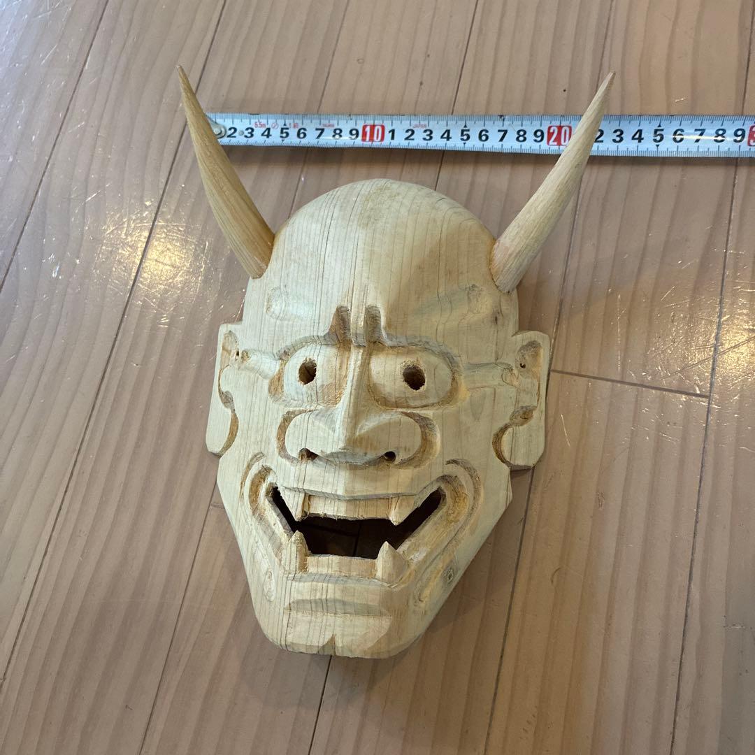 木製 木彫り 鬼の面 能面 般若面 角付き 壁掛け インテリア　伝統　工芸