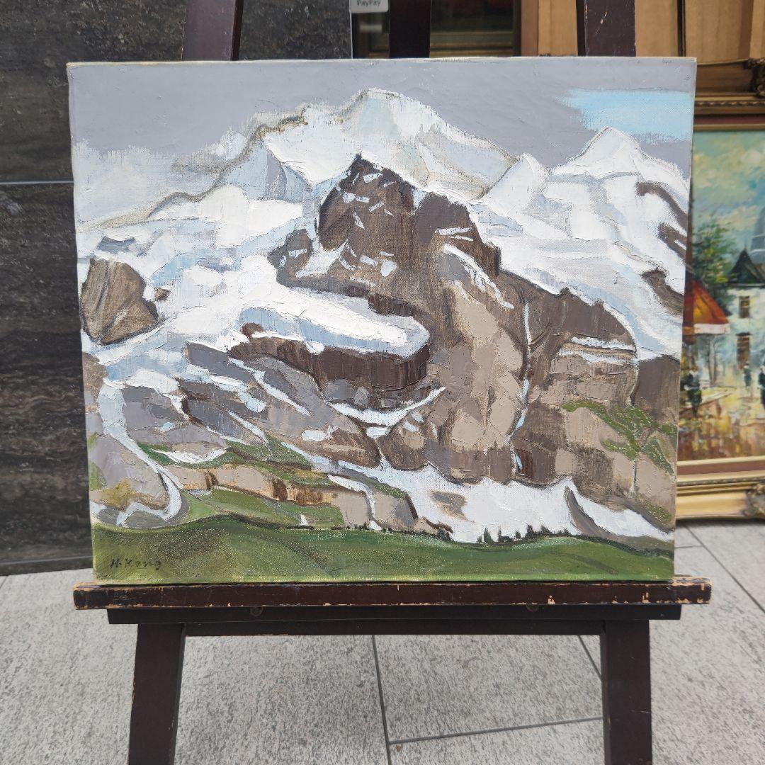 狩野寿一「ユングフラウ」１０号油彩　三越店美術部シール　1957年作