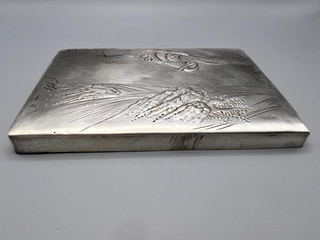 【海】銀製　秀山作　手彫　波鶴図　ケース　小箱　小物入れ　蓋のみ　約117g