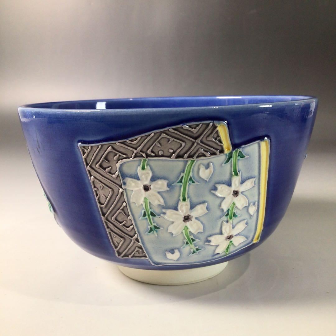 Ｓ８８　茶碗　『谷口翠雲造』『紺青交趾』『草花文』　抹茶碗　共箱　茶道具