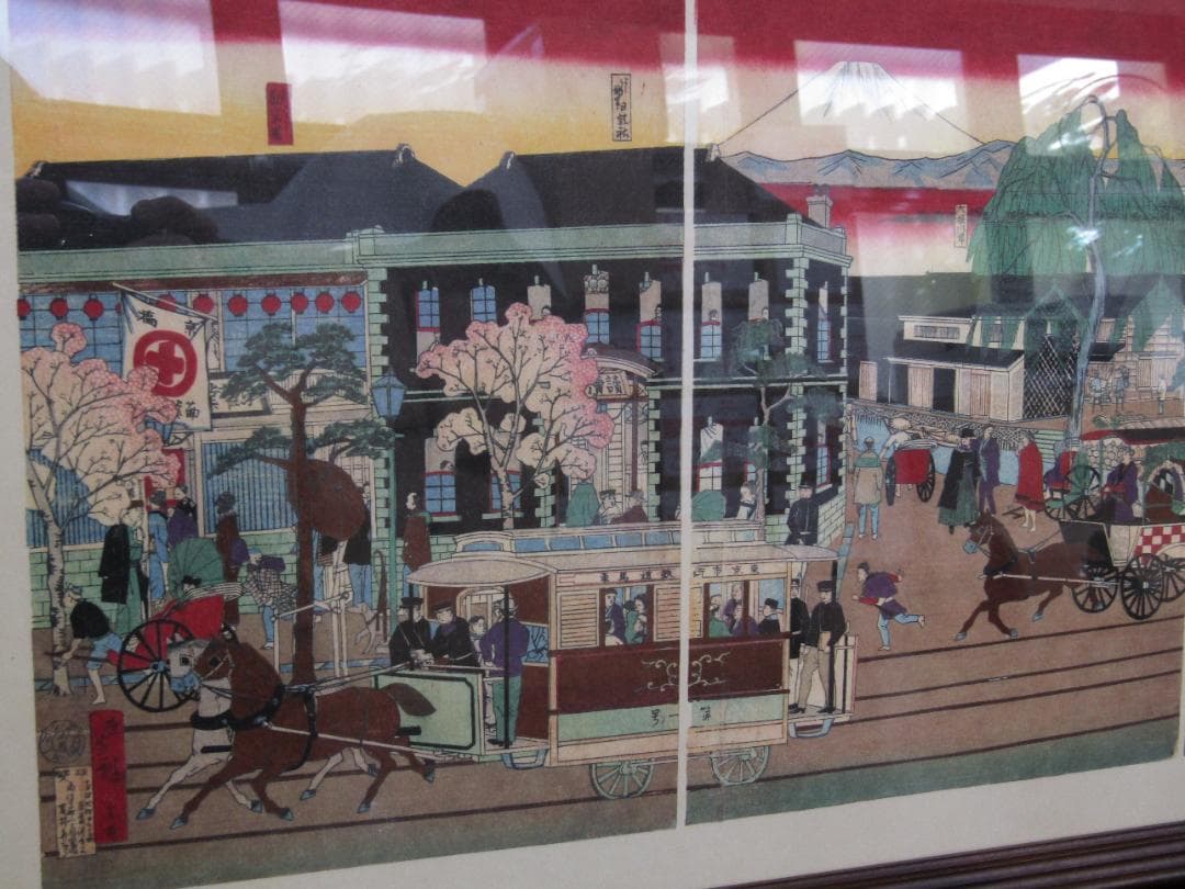 木版画 三代目 歌川広重 『東京名所 京橋鉄馬車往復 煉瓦家ノ図』