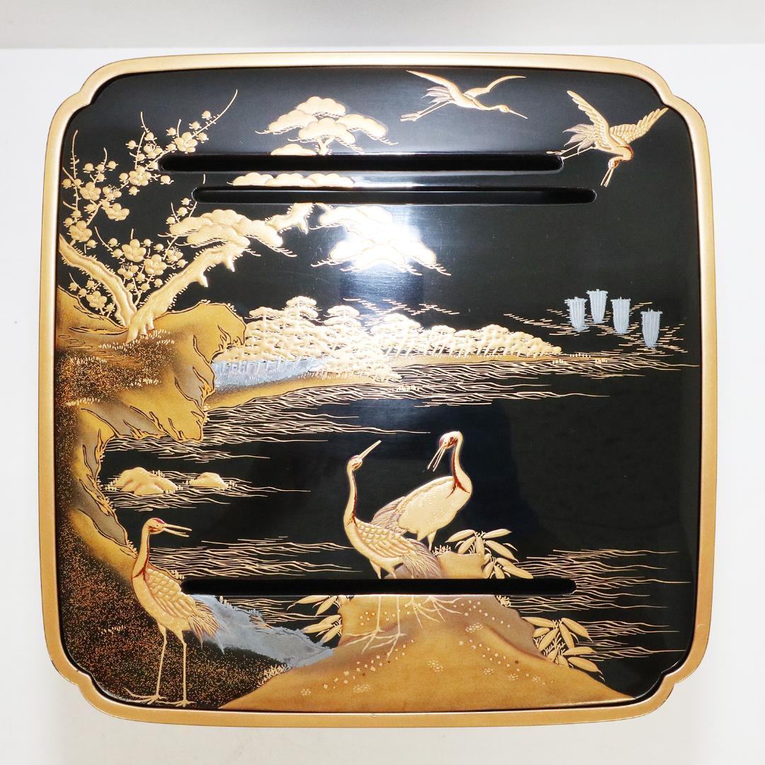 時代漆器 朱漆塗 鶴亀山水 松竹梅 縁起物 蒔絵 三ツ重盃 木製