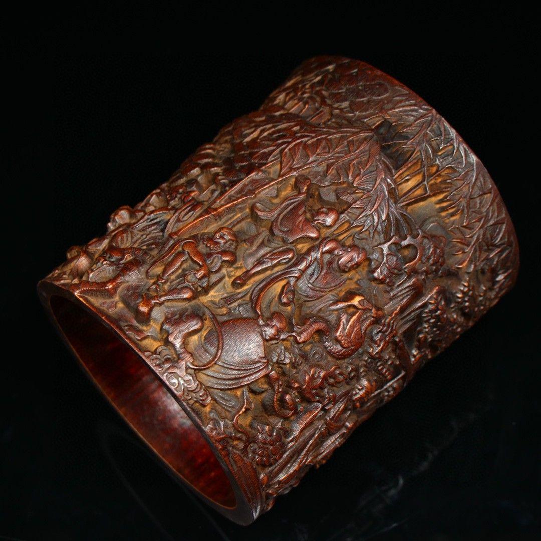 竹 彫刻 十八羅漢筆箱 書道具 文房具 現代工芸品 美術品 置物