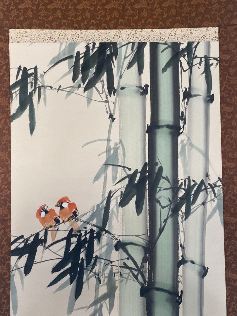 中国絵画　竹と小鳥の水墨画　掛軸　中国掛軸
