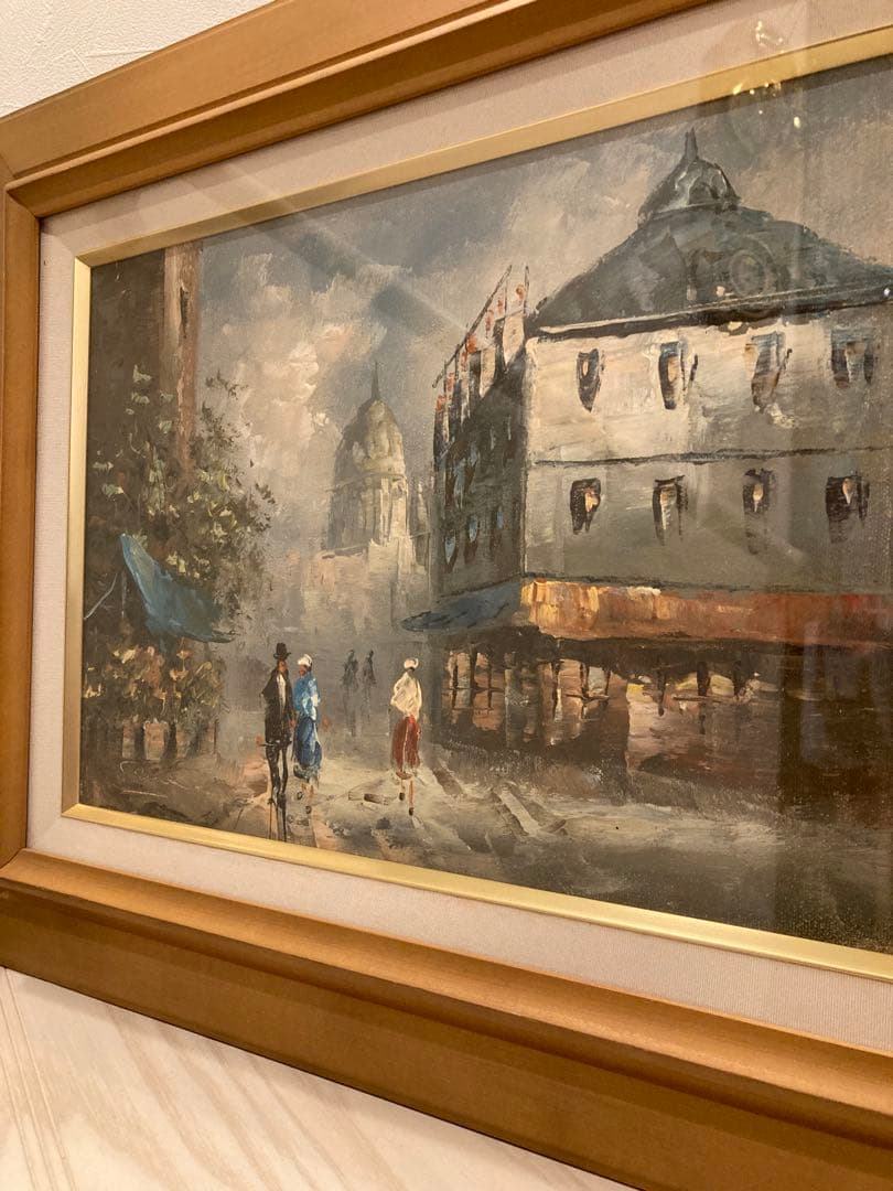 油彩画 街の風景 木製フレーム付きパリー モンマルトルの丘 カーン フランス