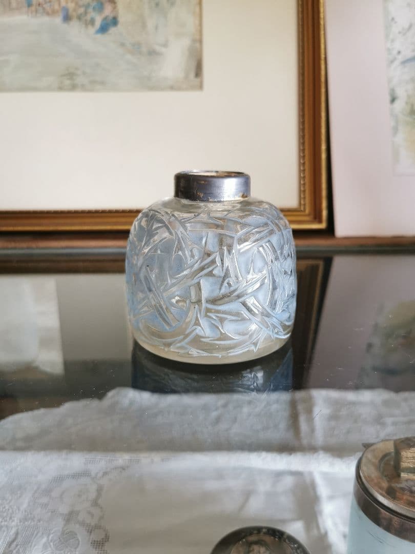 アンティーク ラリック 1920年ブルーパチネ 棘 Epines インク瓶香水瓶