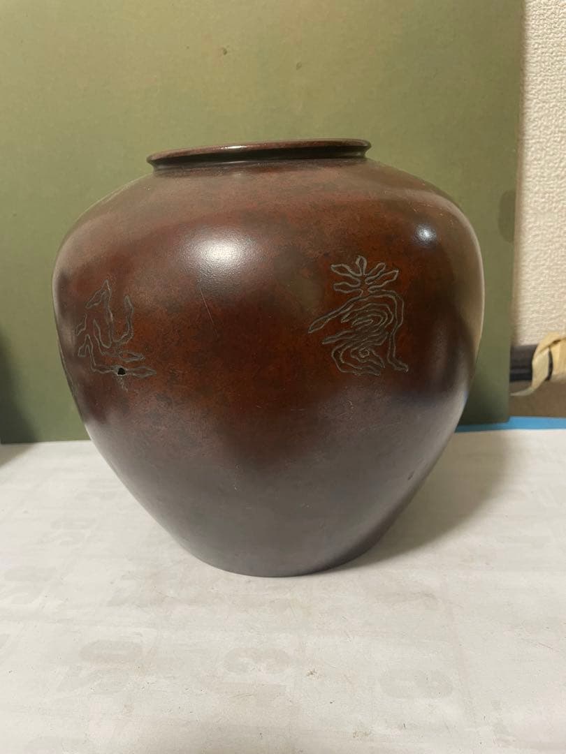 銅製 ブロンズ 花瓶 古銅壺 茶道具 骨董 アンティーク 古美術 刻印あり