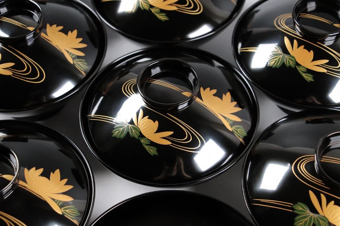 CK73 能登輪島塗 漆光堂謹製 流水菊 金蒔絵 黒塗吸物椀 九客 木箱 木製