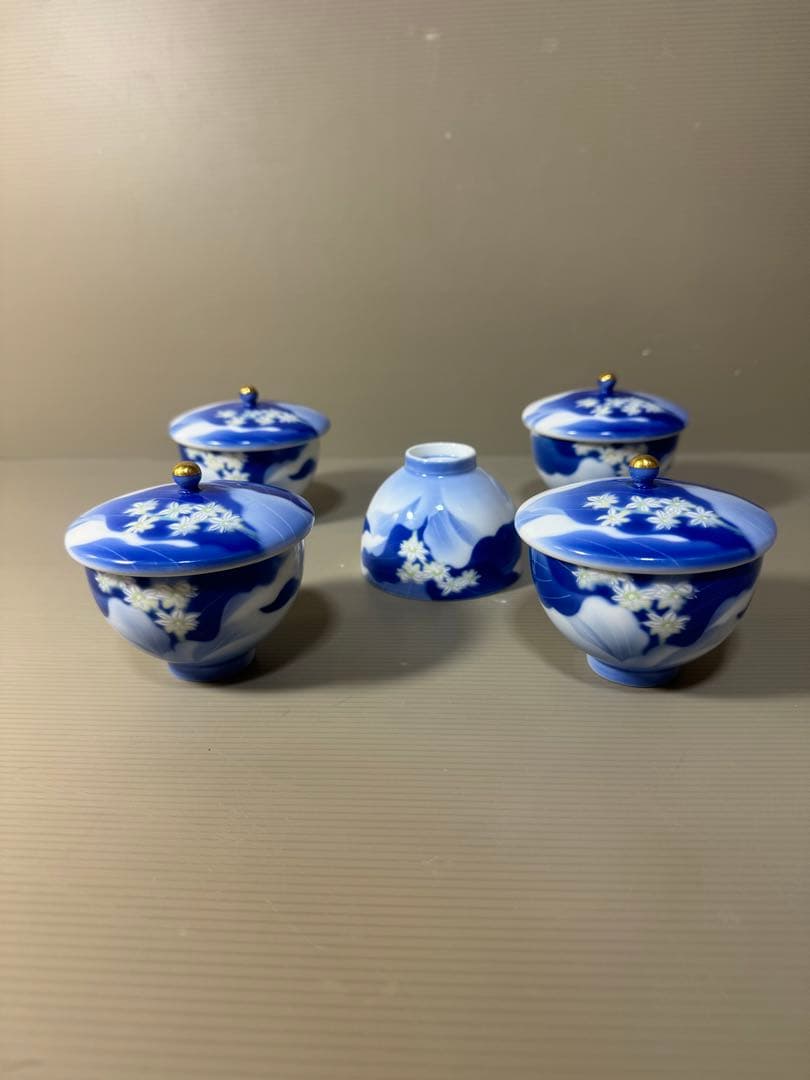 2386 深川製磁　白い花　湯呑　蓋付き　5客　未使用