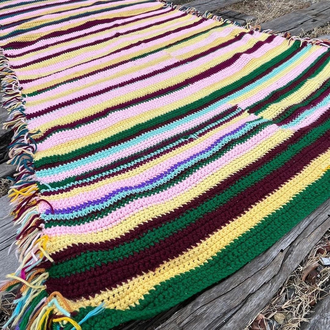 【USA vintage】グラニーブランケット　ストライプ　フリンジ付き