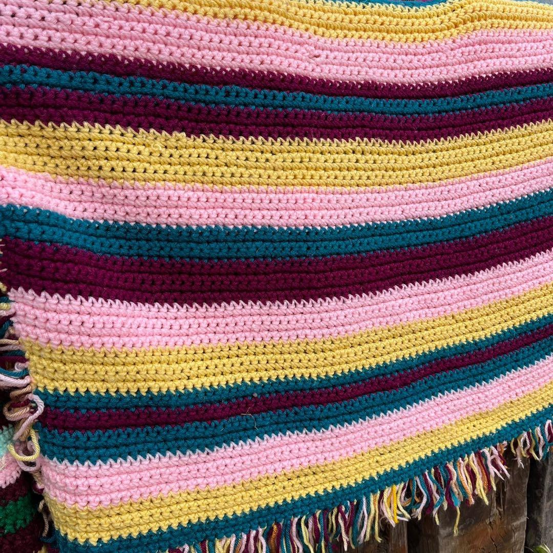 【USA vintage】グラニーブランケット　ストライプ　フリンジ付き