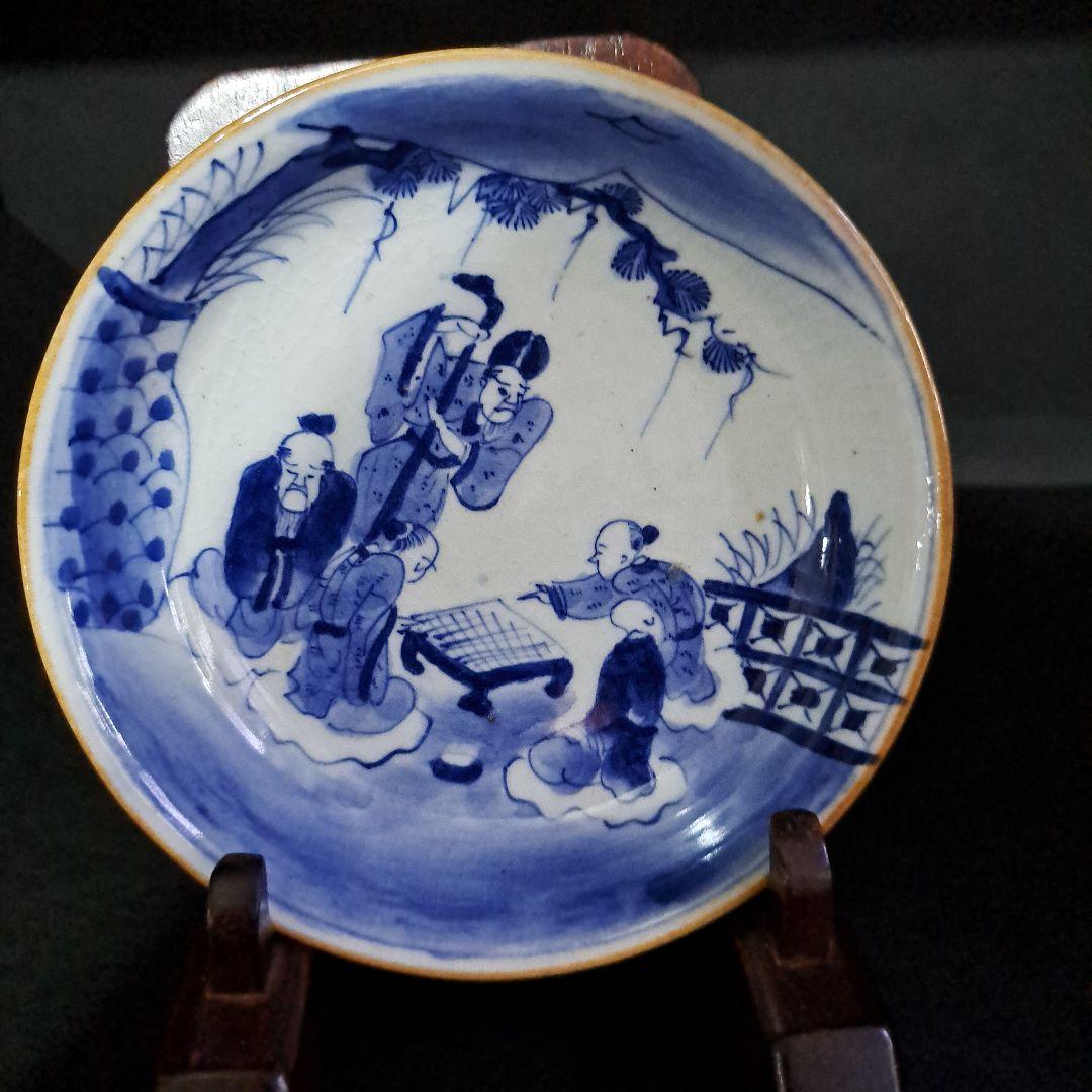 中国古玩　大清成化年　取皿　　山水人物図　染付青磁　五客セット
