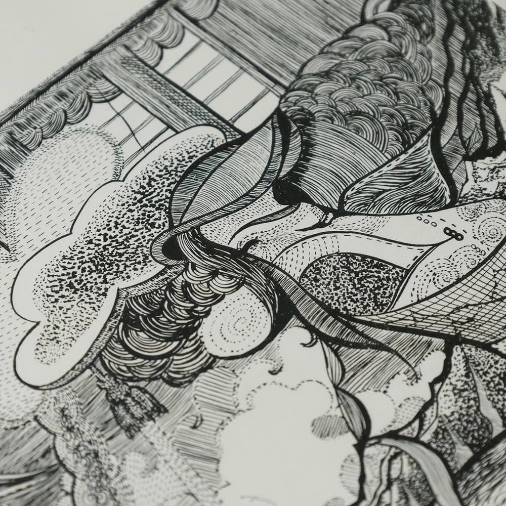 池上隆 直筆サイン 細密 鉛筆画 潮騒 額装 2号 共シール