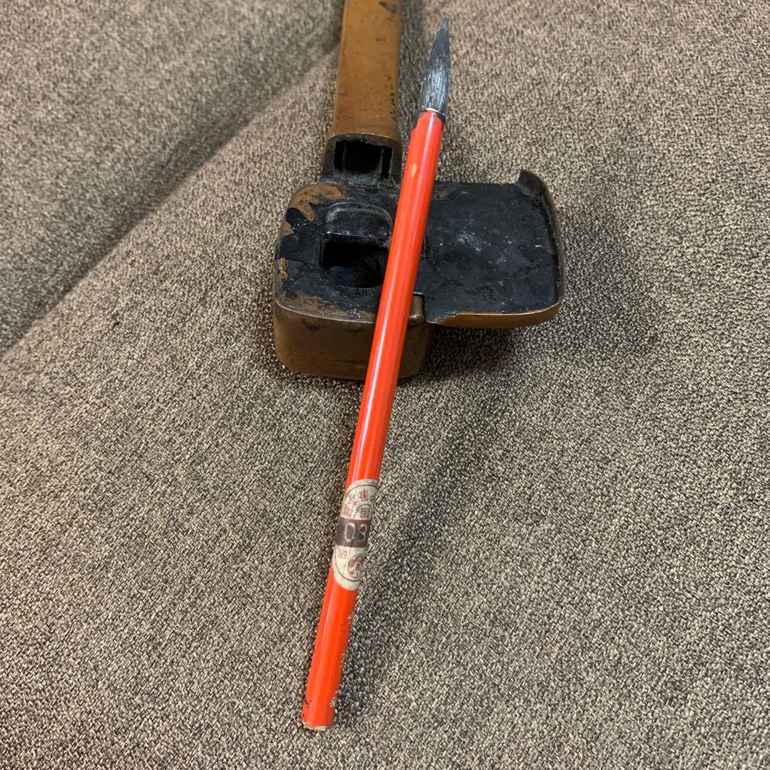 骨董○古銅矢立○ 年代・時代物　銅製 /筆記用具/文房具/墨/筆入れ/書道具