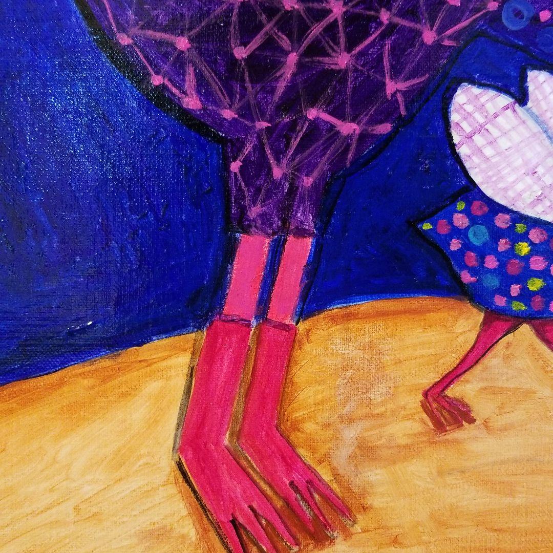 油絵　けい　羽ばたく練習を見る鳥