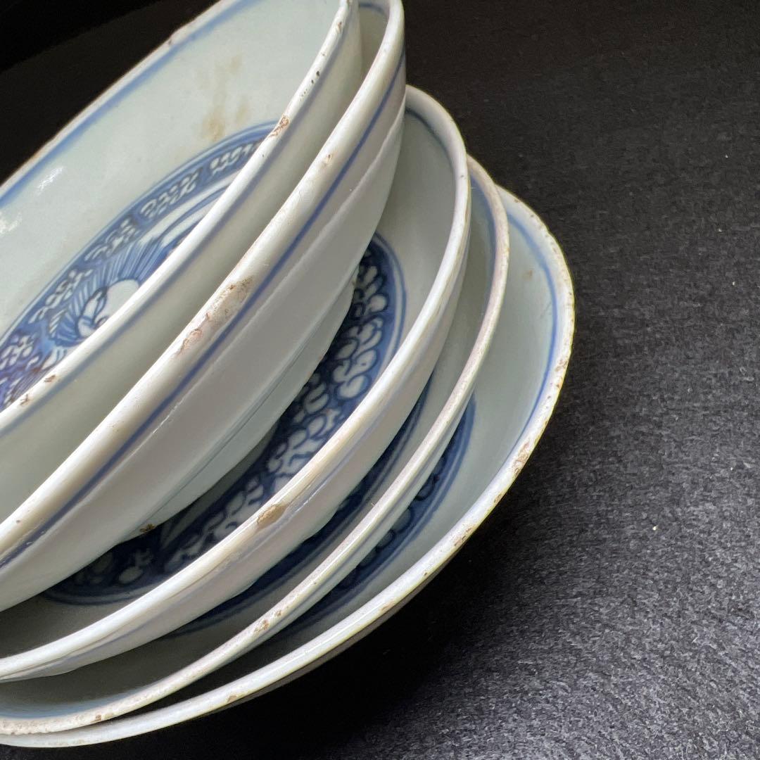 中国明時代　古染付龍図中皿10枚　木箱付　直径約13㎝　東Y8-0114☆2F