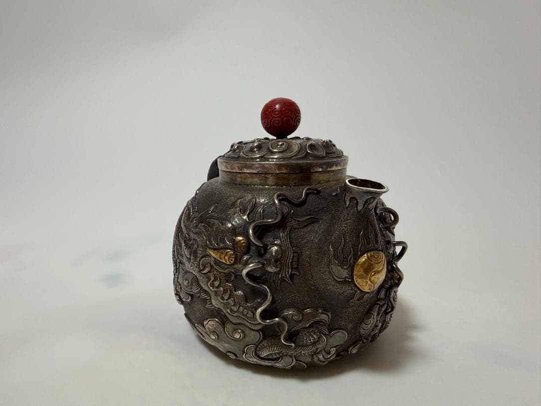 純銀製 龍文彫り 急須 銀瓶 煎茶道具