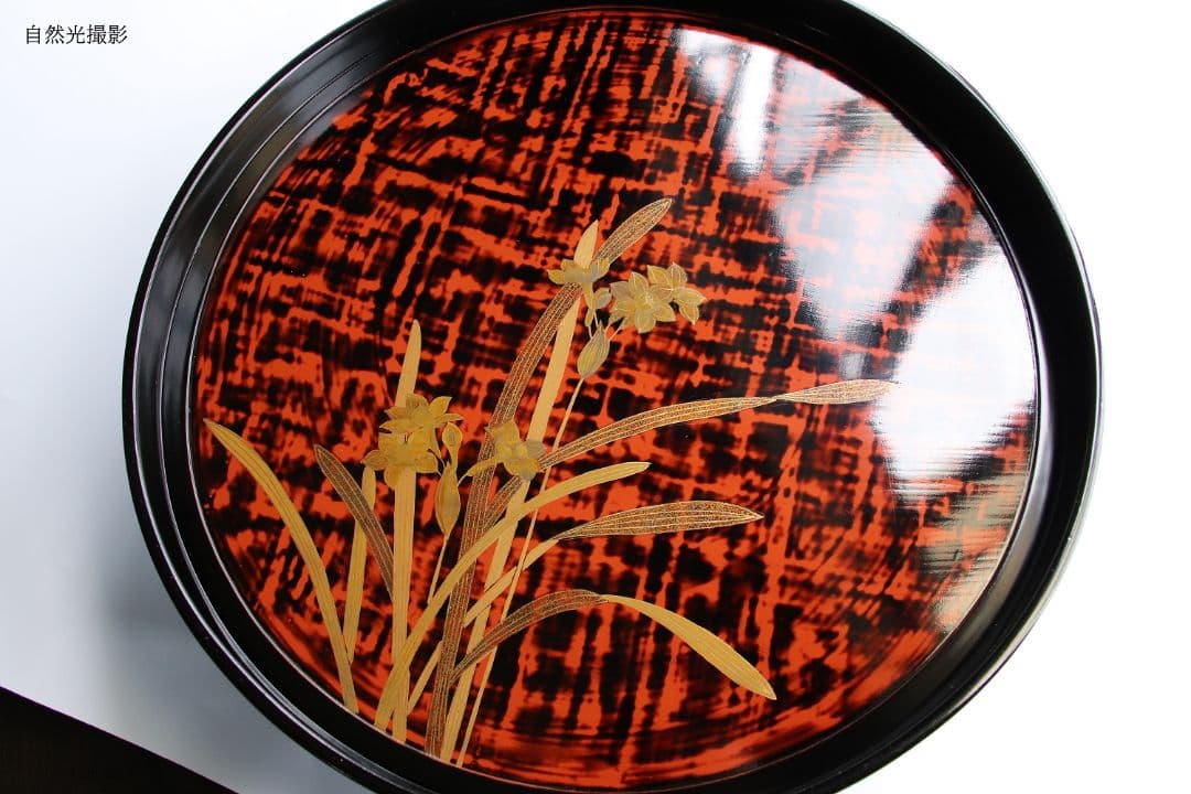 M851/ 木製漆器 草花絵変蒔絵 足付円形膳 五客 根来 黒塗 / 丸輪島加賀